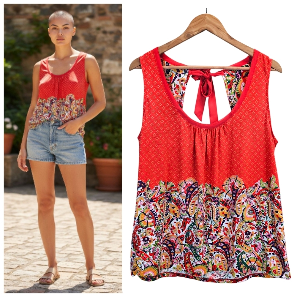 Anthropologie Akemi + Kin Boho Floral Paisley Tie Back Tank Top Red Cotton L